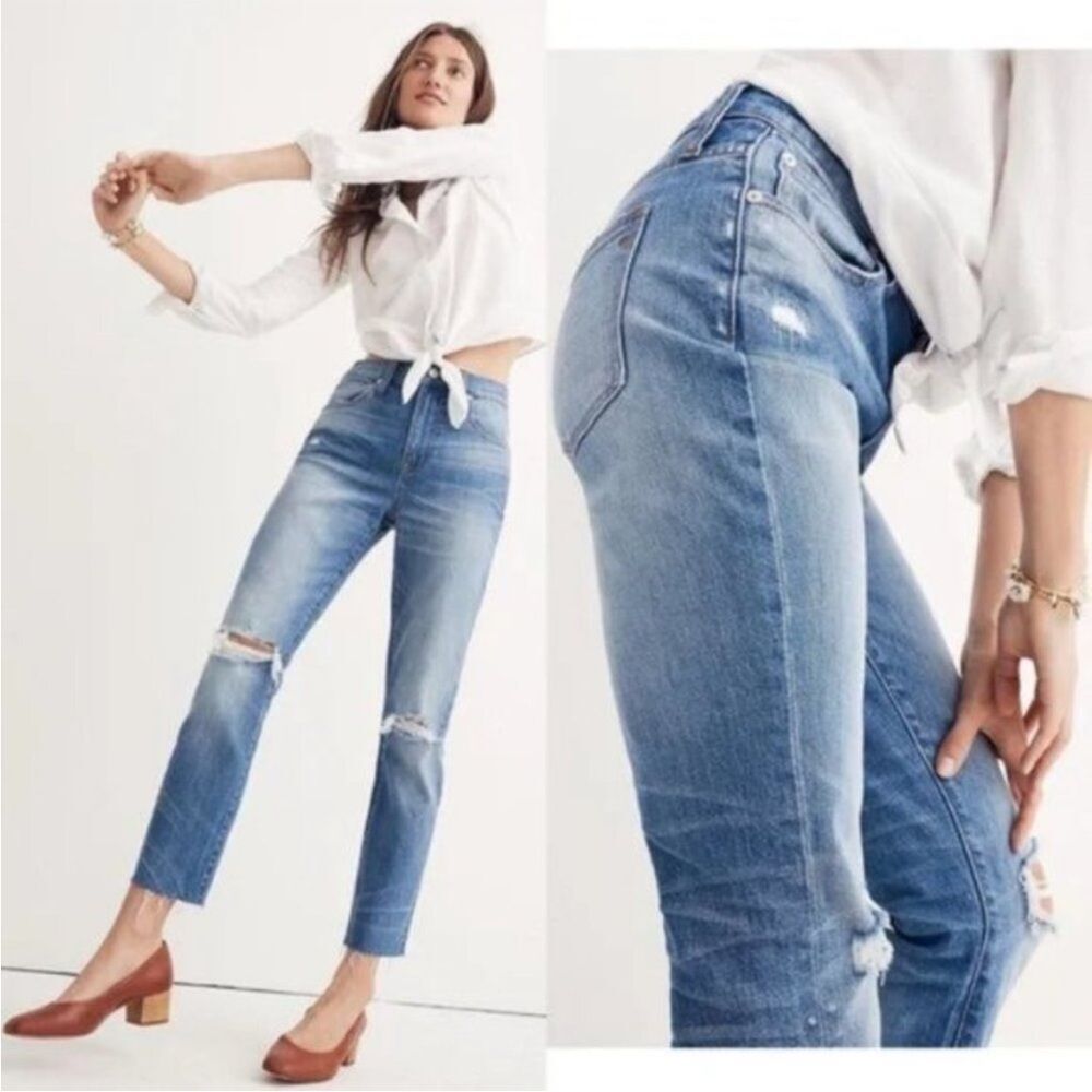 Madewell The High Rise Slim Boyjean Distressed Raw Hem, Size 26